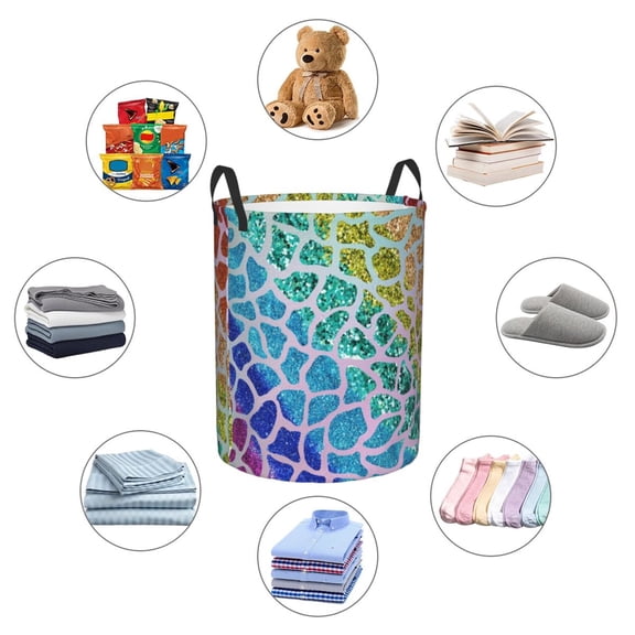 Picia Rainbow Glitter Large Laundry Basket, Waterproof, Freestanding Laundry Hamper, Collapsible Tall Clothes Hamper with Extended Handles-