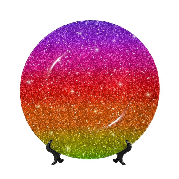 Picia Rainbow Glitter Pattern Bone China Decorative Plate – Wall Decor with Stand and Adhesive, Elegant Ornament for Living Room, Office, or Entryway-6in