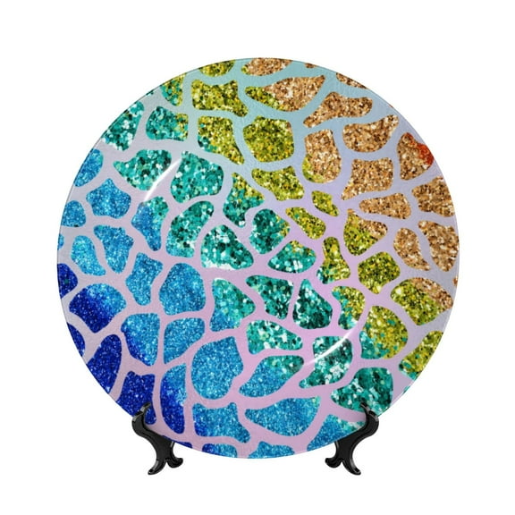 Picia Rainbow Glitter Pattern Bone China Decorative Plate – Wall Decor with Stand and Adhesive, Elegant Ornament for Living Room, Office, or Entryway-8in