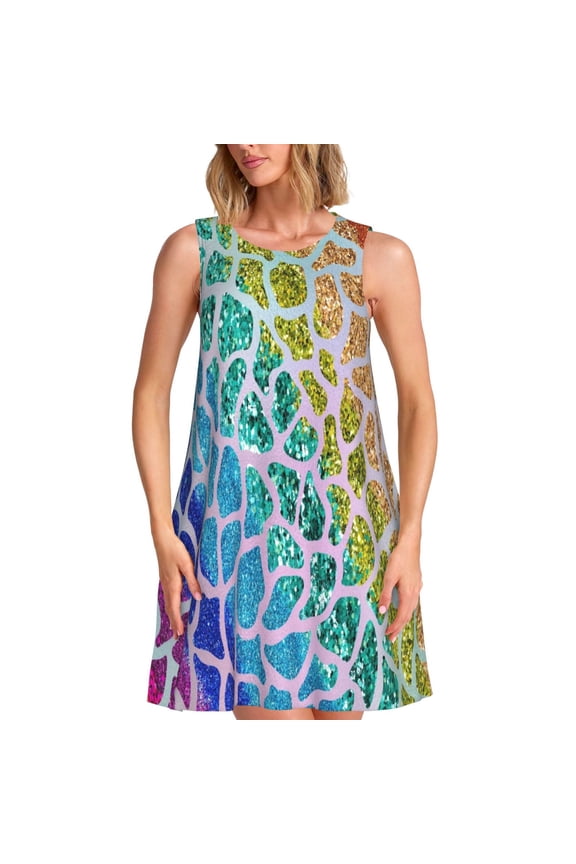 Rainbow Glitter Print Women’s Sleeveless Midi Swing Dress – A-Line Pleated Tank Sundress, Comfortable and Flowy T-Shirt Dress