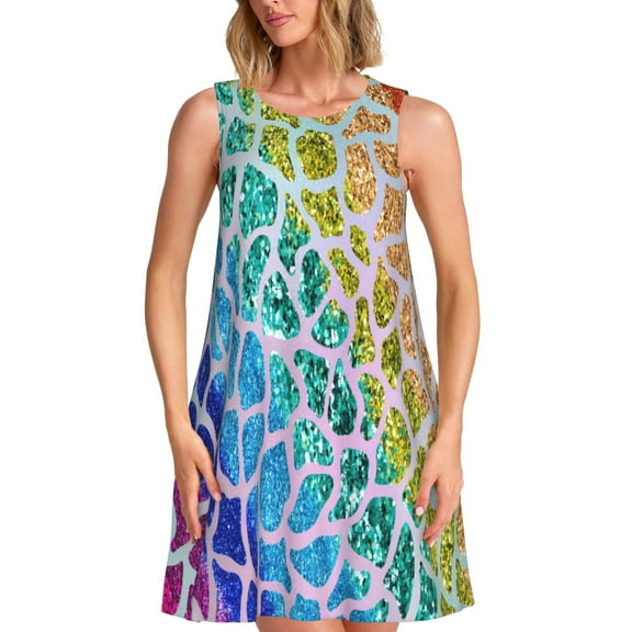 Picia Rainbow Glitter Print Women’s Sleeveless Midi Swing Dress – A-Line Pleated Tank Sundress, Comfortable and Flowy T-Shirt Dress