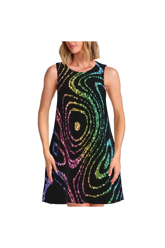 Rainbow Glitter Print Women’s Sleeveless Midi Swing Dress – A-Line Pleated Tank Sundress, Comfortable and Flowy T-Shirt Dress