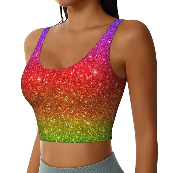 Picia Rainbow Glitter Sports Bra for Women,Padded Strappy Sports Bras Medium Support Yoga Bra with Removable Cups,Running Yoga Bra-Medium