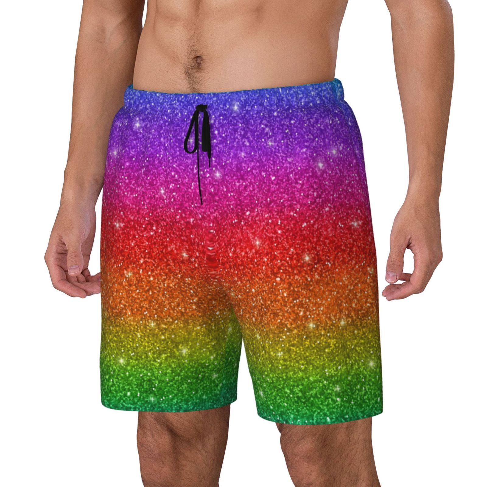 Picia Rainbow Glitter pattern Mens Swim Trunks with Compression Liner