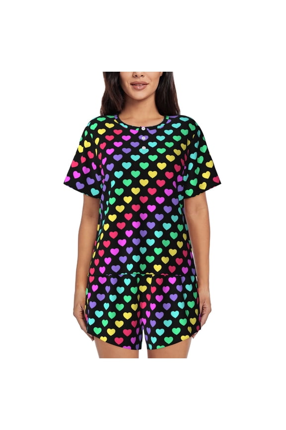 Rainbow Hearts Pajamas Sets for Women Soft Short-Sleeved Pjs with Lounge Shorts Two Piece Sleepwear-Large