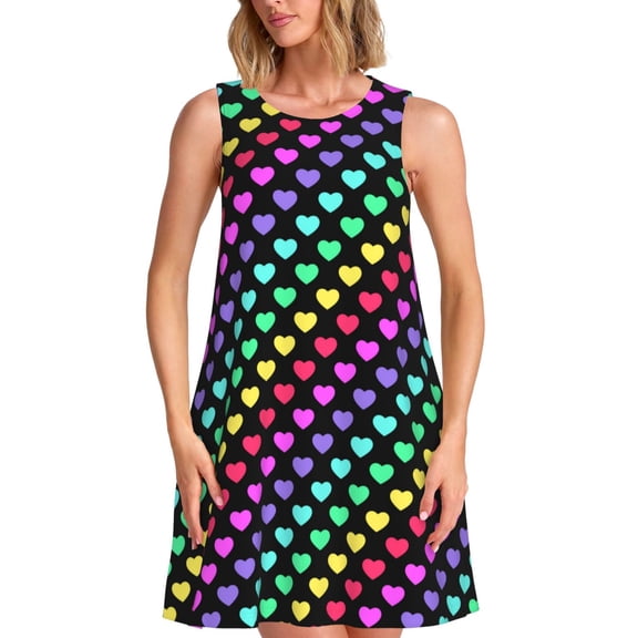 Picia Rainbow Hearts Print Women’s Sleeveless Midi Swing Dress – A-Line Pleated Tank Sundress, Comfortable and Flowy T-Shirt Dress