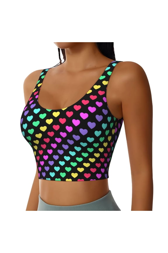 Rainbow Hearts Sports Bra for Women,Padded Strappy Sports Bras Medium Support Yoga Bra with Removable Cups,Running Yoga Bra-Large