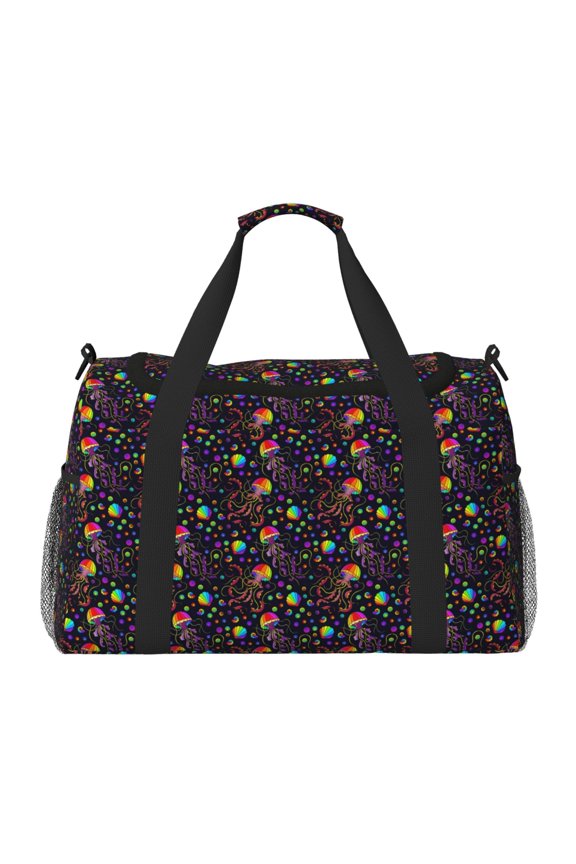 Rainbow Jellyfishes Print Travel Duffle Bag,Weekender Bags for Women with Shoe Compartment, Gym Duffel Bag with Wet Pocket, Hospital Bags for Labor and Delivery