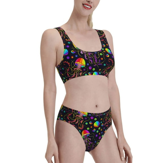 Picia Rainbow Jellyfishes Women's High Waisted Bikini Scoop Neck Swimsuit Two Pieces Bathing Suit-Medium