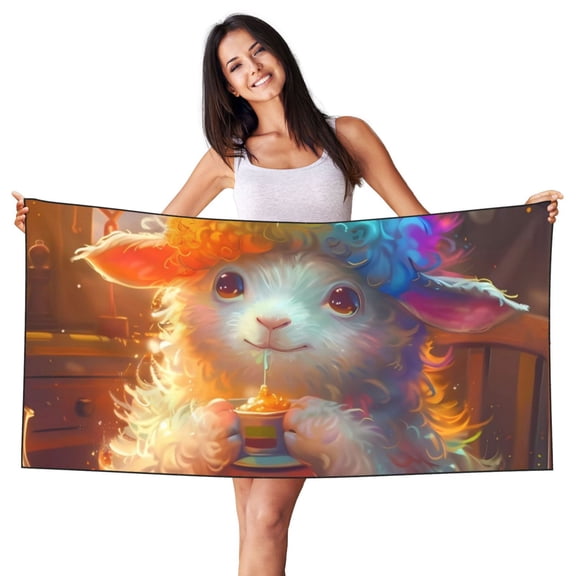 Picia Rainbow Lamb Breakfast Print Silver Fox Velvet Beach Towel,Quick-Dry Beach Towel,Lightweight Travel Towel,Portable Beach Towels