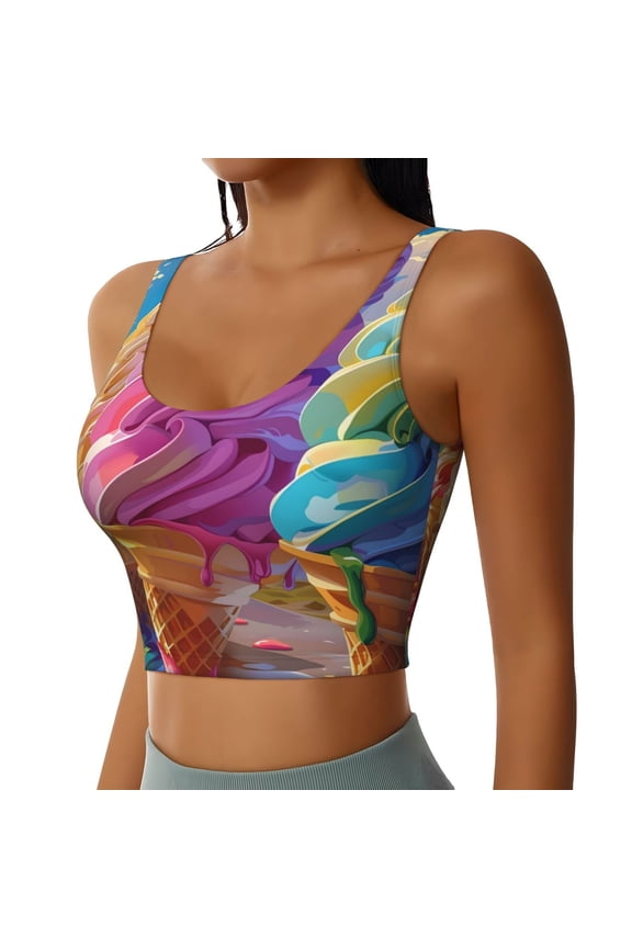 Rainbow Melting Ice Cream Sports Bra for Women,Padded Strappy Sports Bras Medium Support Yoga Bra with Removable Cups,Running Yoga Bra-