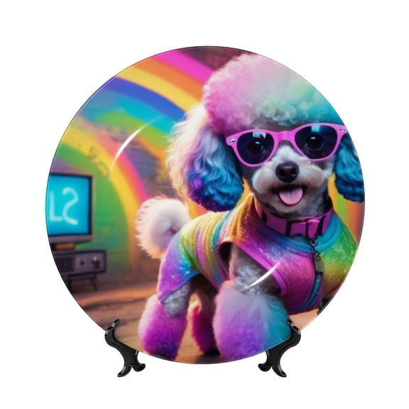 Picia Rainbow Poodle Urban Street Pattern Bone China Decorative Plate – Wall Decor with Stand and Adhesive, Elegant Ornament for Living Room, Office, or Entryway-7in