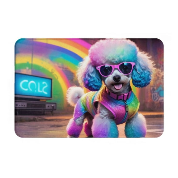 Picia Rainbow Poodle Urban Street Pattern Flannel Doormat 16x24 Inch Non-Slip Indoor Mat, Absorbent & Quick-Dry Rug for Entryway, Bathroom, Kitchen, and Bedroom, Machine Washable