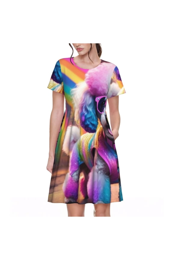 Rainbow Poodle Urban Street Pattern Women's Short Sleeve Summer Dress Pleated Loose Swing Knee Length Short Sleeve Swing Dresses