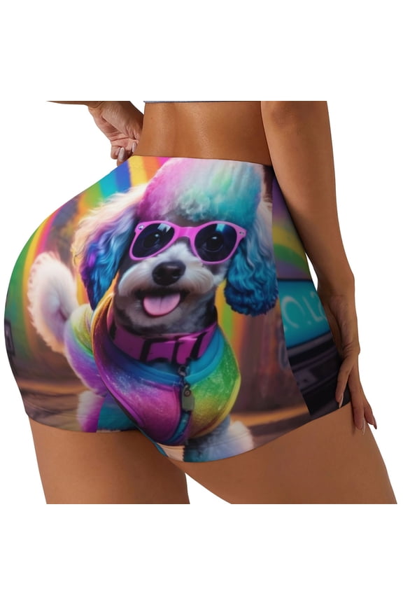 Rainbow Poodle Urban Street Printed Workout Shorts for Women Seamless Scrunch Butt Lifting High Waisted Yoga Gym Booty Running Moisture-wicking Short Pants-XX-Large