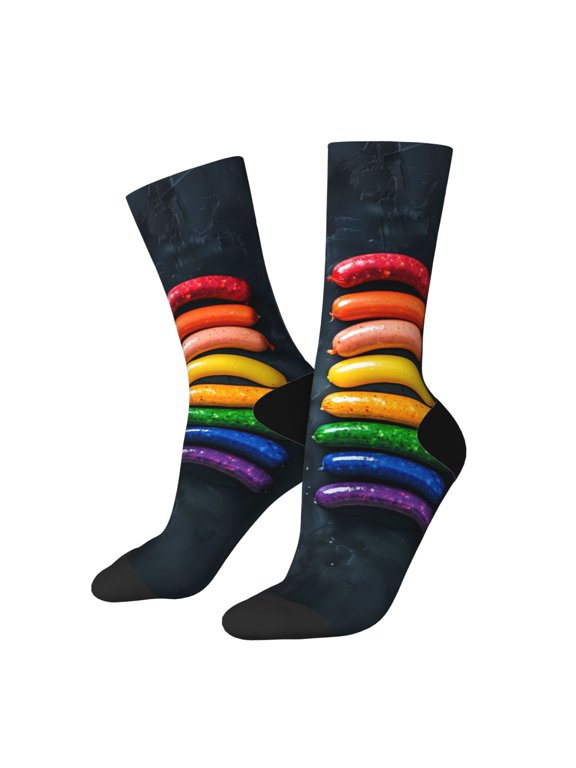 Rainbow Sausages On Dark Slate Print Athletic Socks for Men & Women – Cushioned Moisture-Wicking Crew Socks for Sports, Running, and Training, Soft & Breathable Size 5-11