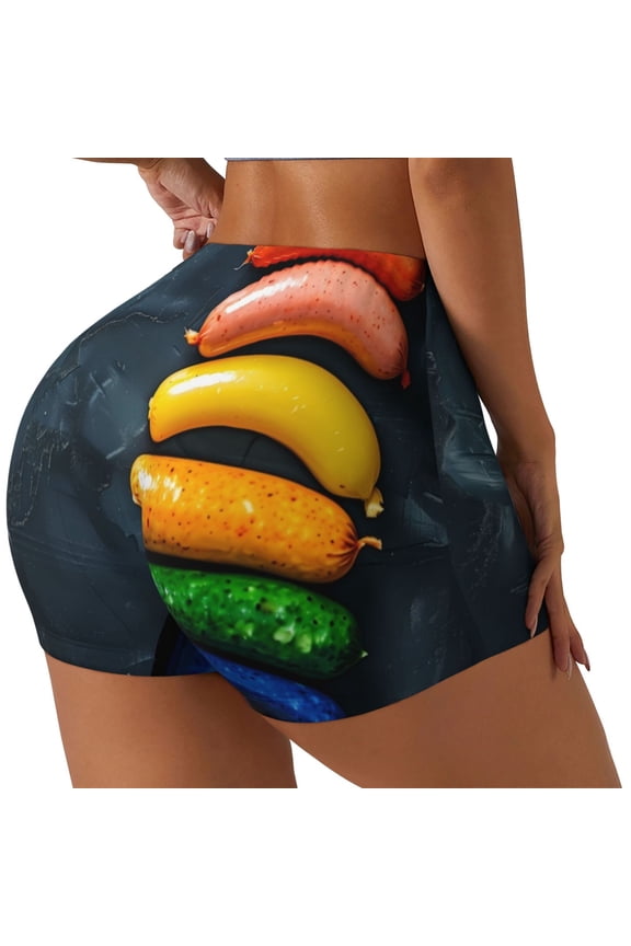 Rainbow Sausages On Dark Slate Printed Workout Shorts for Women Seamless Scrunch Butt Lifting High Waisted Yoga Gym Booty Running Moisture-wicking Short Pants-X-Large