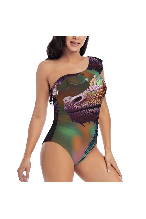 Rainbow Scales Fantasy Dragon Pattern Women's One Piece Swimsuits,One Shoulder Swimwear Asymmetric ,Ruffle Monokinis Bathing Suits,High Waisted Flattering Bathing Suits-X-Large