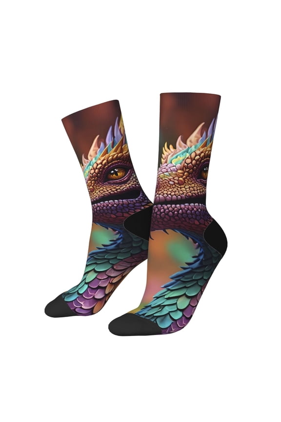 Rainbow Scales Fantasy Dragon Print Athletic Socks for Men & Women – Cushioned Moisture-Wicking Crew Socks for Sports, Running, and Training, Soft & Breathable Size 5-11