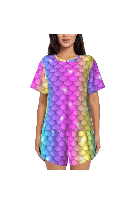 Rainbow Scales2 Pajamas Sets for Women Soft Short-Sleeved Pjs with Lounge Shorts Two Piece Sleepwear-Small