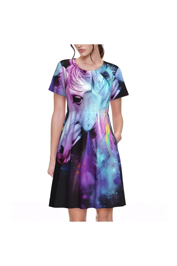 Rainbow Spotted White Horse Pattern Women's Short Sleeve Summer Dress Pleated Loose Swing Knee Length Short Sleeve Swing Dresses