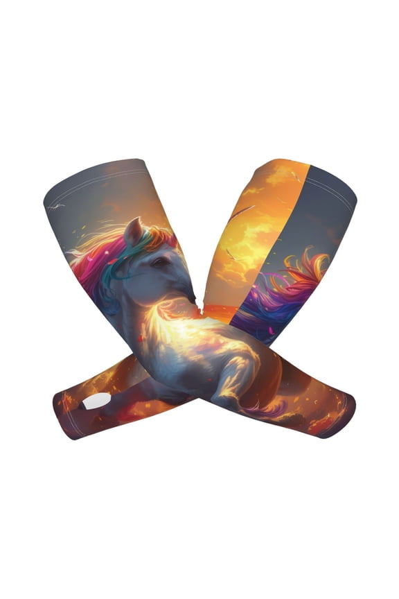 Rainbow Sunset Cloud White Horse Arm Sleeves for Men and Women - Tattoo Cover Up UPF 50+ Cooling Sports Sleeve for Basketball Golf Football-One Size