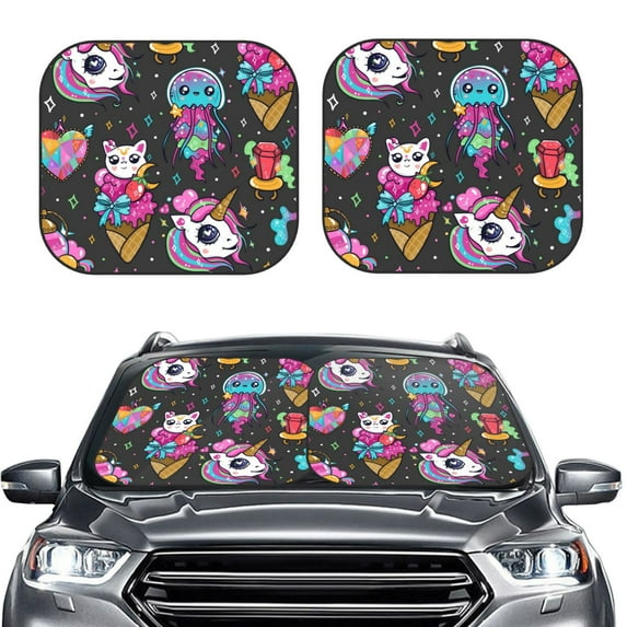 Picia Rainbow Unicorn And Cat Icecream 2 Piece Car Windshield Sun Shade Foldable | Foldable Sun Shield for Front Window Blocks UV Rays and Keeps Your Vehicle Cool-Medium