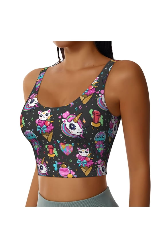 Rainbow Unicorn And Cat Icecream Sports Bra for Women,Padded Strappy Sports Bras Medium Support Yoga Bra with Removable Cups,Running Yoga Bra-X-Large