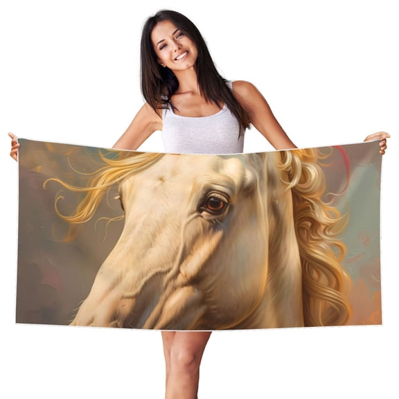 Picia Rainbow White Horse Print Silver Fox Velvet Beach Towel,Quick-Dry Beach Towel,Lightweight Travel Towel,Portable Beach Towels