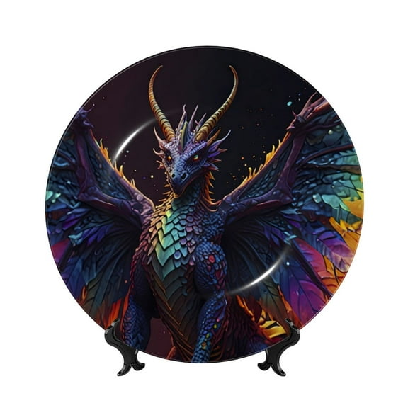 Picia Rainbow Wings Majestic Dragon Pattern Bone China Decorative Plate – Wall Decor with Stand and Adhesive, Elegant Ornament for Living Room, Office, or Entryway-6in