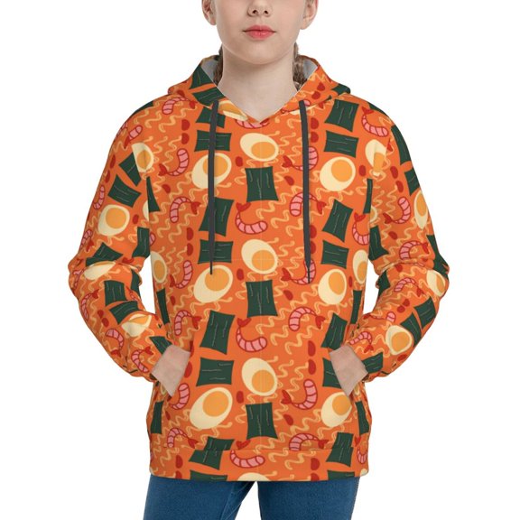 Picia Ramen Noodle Soup Pattern Youth Hoodie - Warm Pullover Sweatshirt with Kangaroo Pocket, Ideal for Boys and Girls-Medium