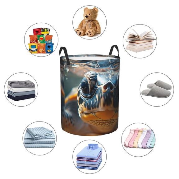 Picia Realistic Cute Sea Turtle Large Laundry Basket, Waterproof, Freestanding Laundry Hamper, Collapsible Tall Clothes Hamper with Extended Handles-Medium