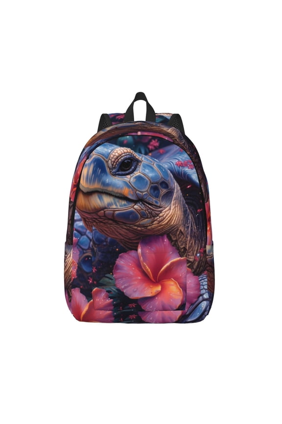 Realistic Flower Turtle Printed Canvas Daypack - Stylish and Durable Vintage Compact Backpack - Class, Work, Travel, or Laptop Bookbag,Organized Compartments-Medium