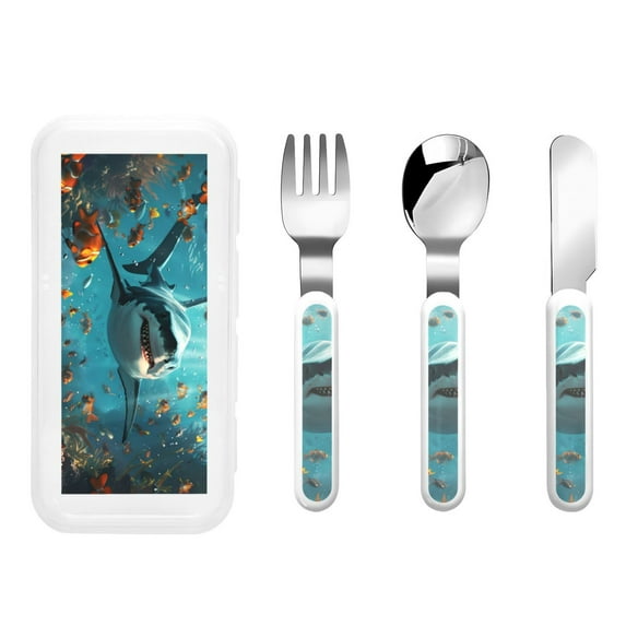 Picia Realistic Ocean Shark Print Children's Knife, Fork And Spoon Set - Kids’ Knife Fork Spoon - Stainless Steel Kids Silverware Set - Metal Kids Cutlery Set