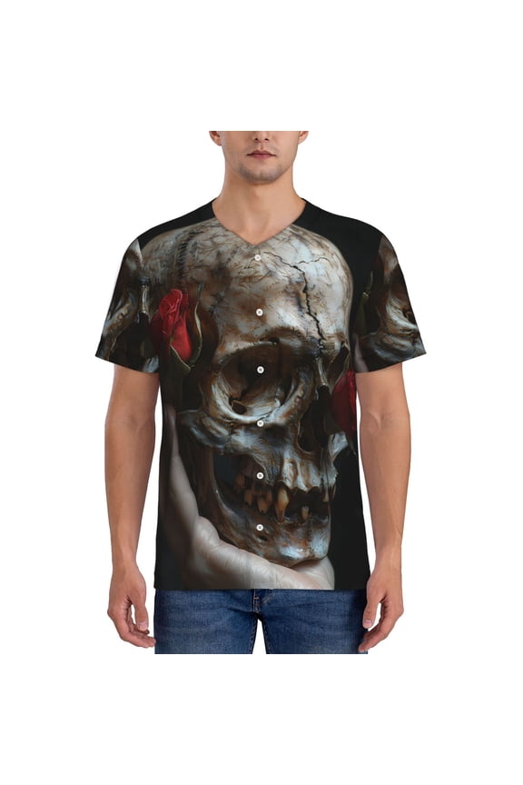 Realistic Rose Skull Pattern Mens Polo Shirts Quick Dry Short Sleeve Golf T Shirt Performance Moisture Wicking Casual Workout Baseball T-shirt-