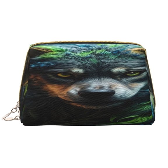Picia Realistic Style Colorful Wolf A Print Leather Makeup Bag Make Up Bag Travel Toiletry Bag for Her Girlfriend Teacher Teen Girl Gifts