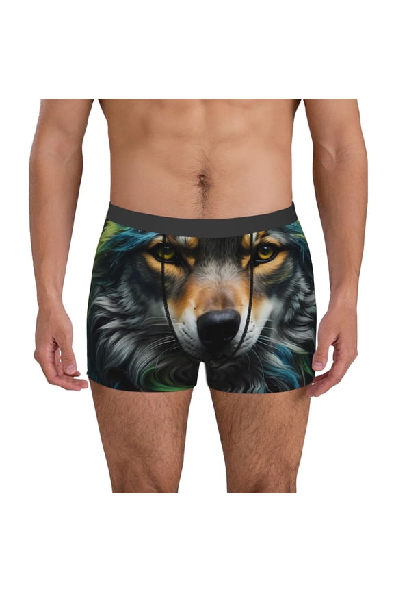 Realistic Style Colorful Wolf Pattern Men’s Boxer Briefs – Soft & Breathable Underwear, Stretchy & Comfortable Fit, Supportive Pouch Design, Moisture-Wicking-Large