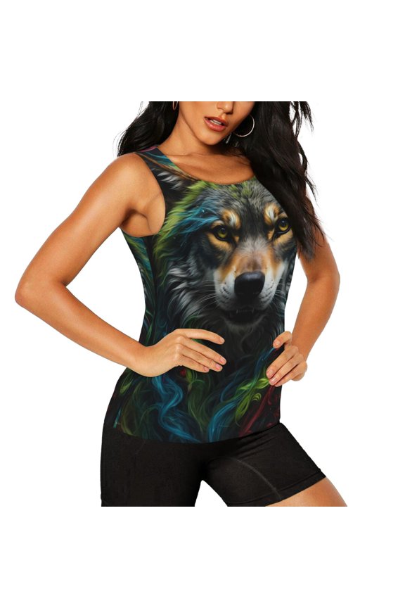 Realistic Style Colorful Wolf Pattern Women's Workout Tank Top,Breathable Activewear,Slim Fit Athletic Top,Versatile Workout Moisture-wicking top-XX-Large