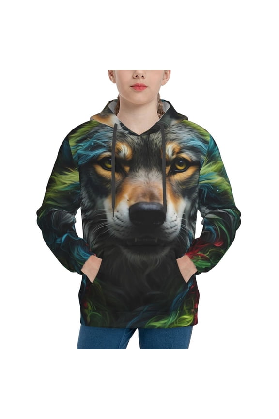 Realistic Style Colorful Wolf Pattern Youth Hoodie - Warm Pullover Sweatshirt with Kangaroo Pocket, Ideal for Boys and Girls-X-Large