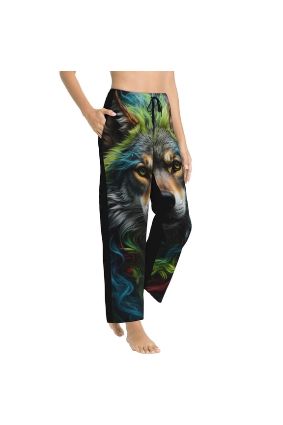 Realistic Style Colorful Wolf Womens Soft Woven Cotton Elastic Waistband Sleep Pajama Pant Lounge Sleep Pant With Pockets And Drawstring-Small