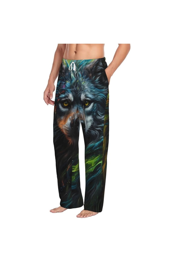 Realistic Style Green Fur Wolf Mens Soft Woven Cotton Elastic Waistband Sleep Pajama Pant Lounge Sleep Pant With Pockets And Drawstring-Small