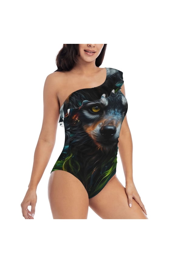 Realistic Style Green Fur Wolf Pattern Women's One Piece Swimsuits,One Shoulder Swimwear Asymmetric ,Ruffle Monokinis Bathing Suits,High Waisted Flattering Bathing Suits-XX-Large