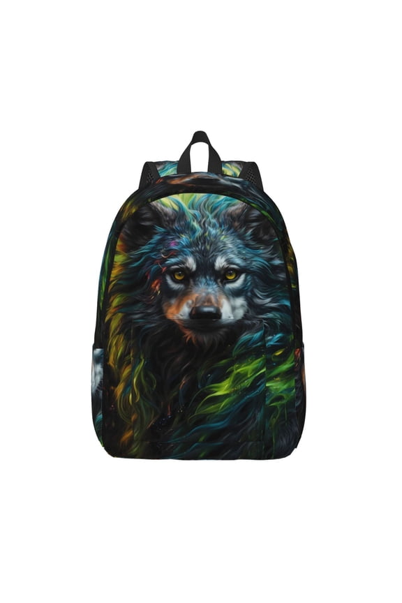Realistic Style Green Fur Wolf Printed Canvas Daypack - Stylish and Durable Vintage Compact Backpack - Class, Work, Travel, or Laptop Bookbag,Organized Compartments-Medium