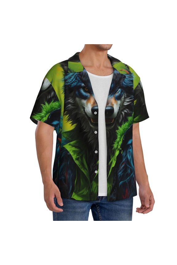 Realistic Style Wolf Warrior Men's Linen Shirts Short Sleeve Cuban Beach Shirts Casual Shirts Button Down Shirt for Men Beach Summer Wedding Shirt-3X-Large