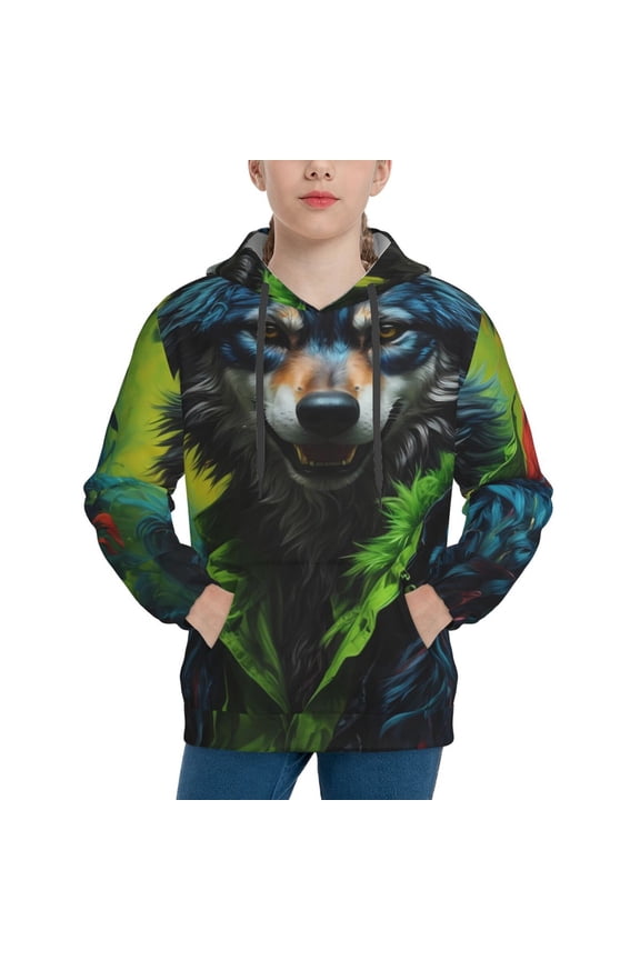 Realistic Style Wolf Warrior Pattern Youth Hoodie - Warm Pullover Sweatshirt with Kangaroo Pocket, Ideal for Boys and Girls-X-Large