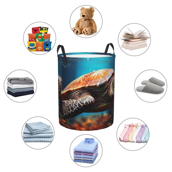 Picia Realistic Turtle Large Laundry Basket, Waterproof, Freestanding Laundry Hamper, Collapsible Tall Clothes Hamper with Extended Handles-