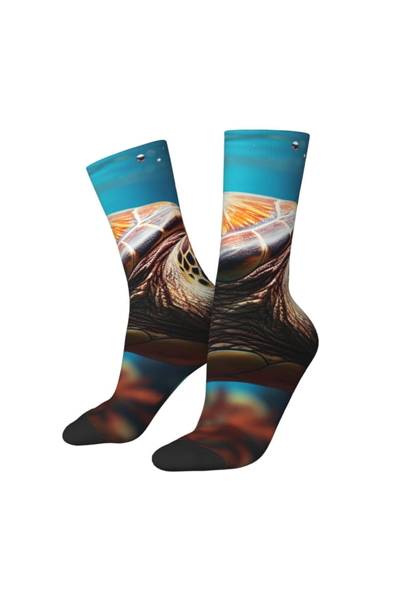 Realistic Turtle Print Athletic Socks for Men & Women – Cushioned Moisture-Wicking Crew Socks for Sports, Running, and Training, Soft & Breathable Size 5-11