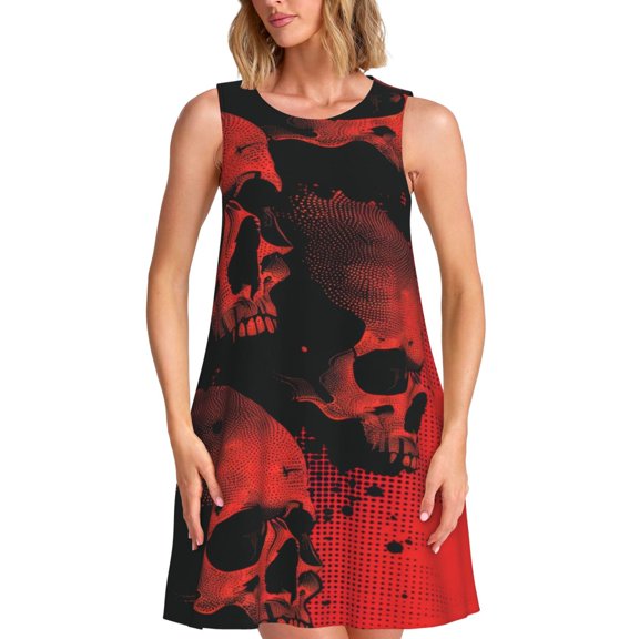 Picia Red And Black Abstract Skull Print Women’s Sleeveless Midi Swing Dress – A-Line Pleated Tank Sundress, Comfortable and Flowy T-Shirt Dress