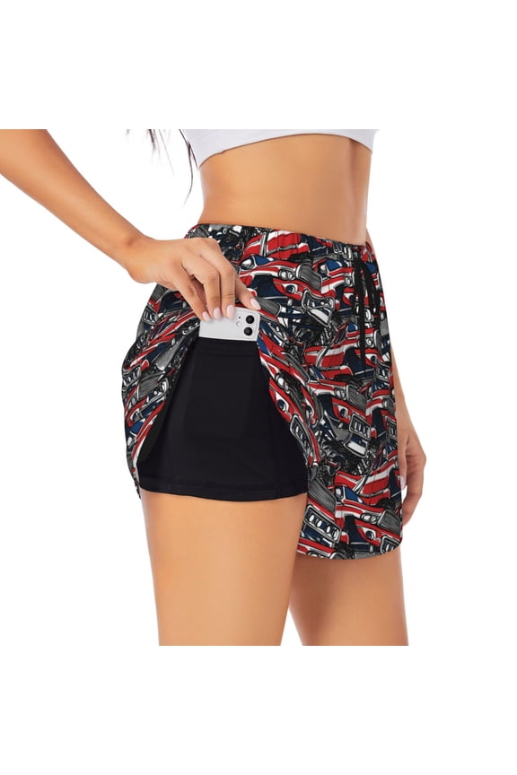 Red And Blue Cars Pattern Women's 2 in 1 Athletic Running Shorts High Waisted Workout Casual Gym Sweat Shorts with Comfy Liner Zipper Pockets-