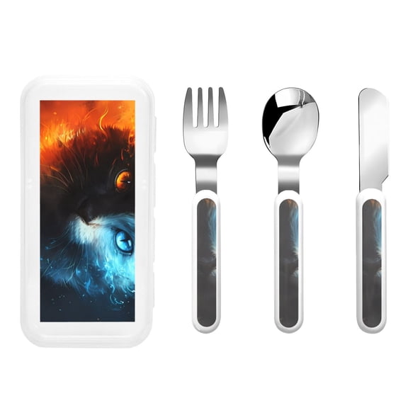 Picia Red And Blue Fire Cat Print Children's Knife, Fork And Spoon Set - Kids Knife Fork Spoon - Stainless Steel Kids Silverware Set - Metal Kids Cutlery Set